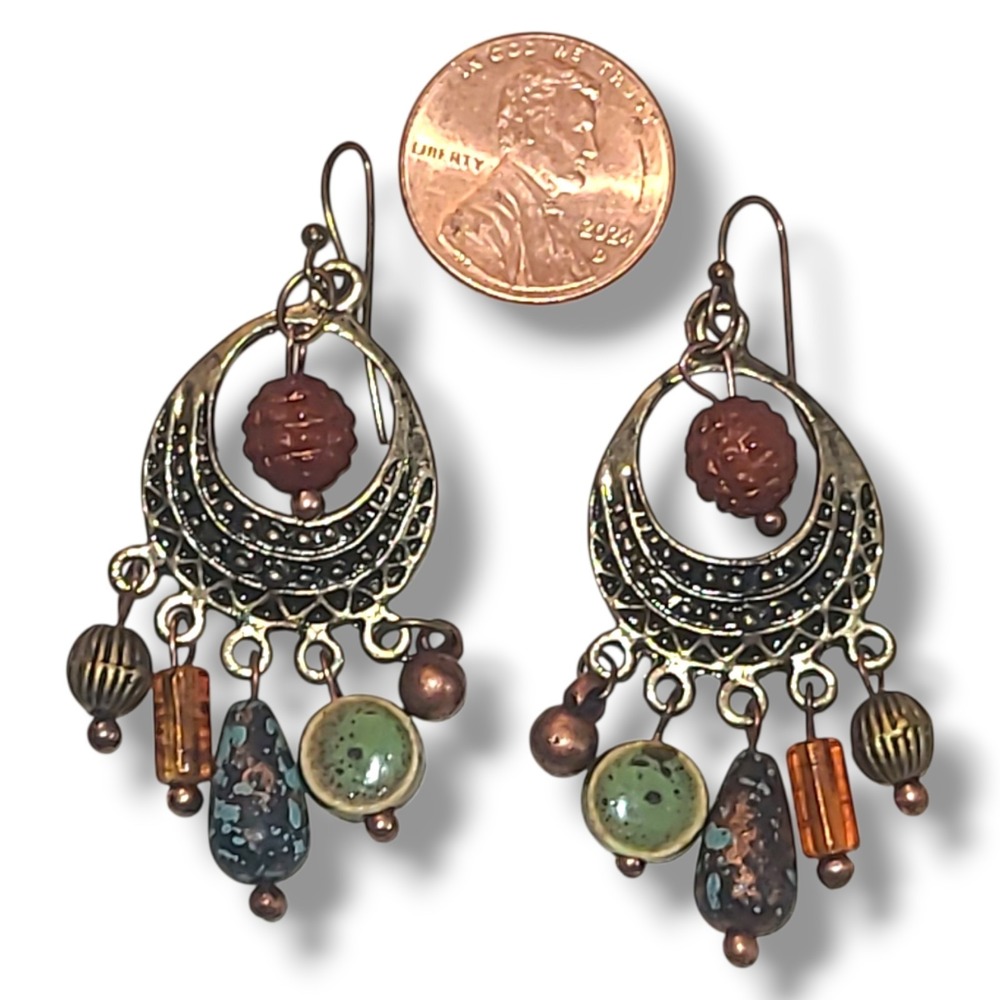 Gold Tone Boho Dangle Earrings Beaded Tribal Festival‎ Artisan Style - Picture 3 of 3